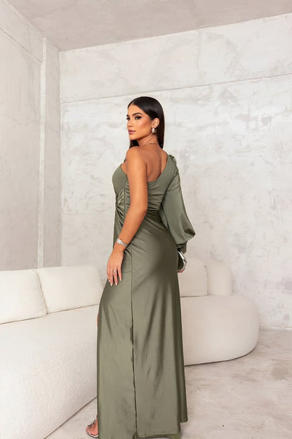 Mila™ | Elegance One-Shoulder Dress – Tijdloos & Verfijnd Olijf